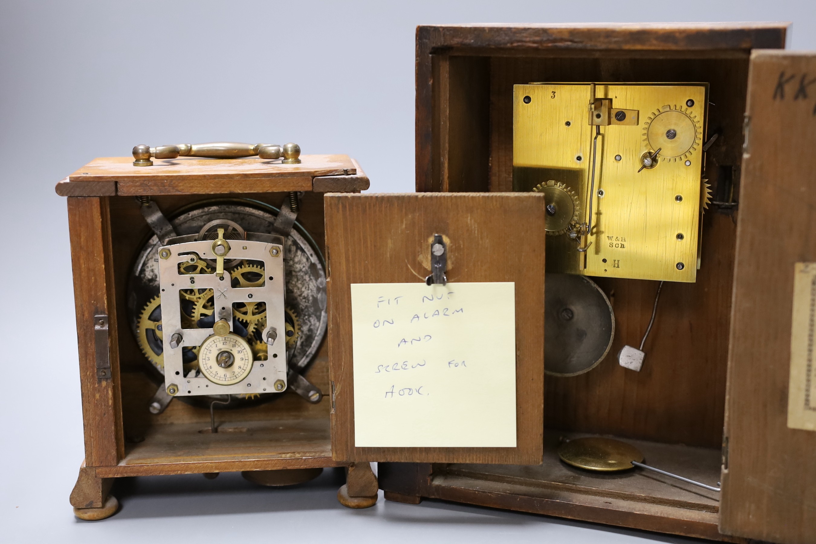 A burr walnut cased eight day mantel clock and an oak cased eight day mantel timepiece (2) tallest 23cm